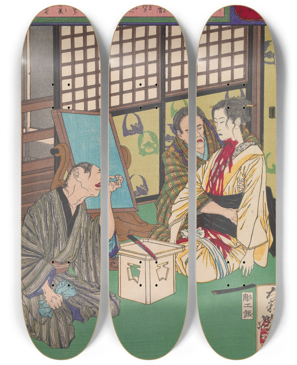 Triptych art skateboard deck of Tsukioka Yoshitoshi The Death Of The Bride Mitsue by Tsukioka Yoshitoshi (1839-1892)