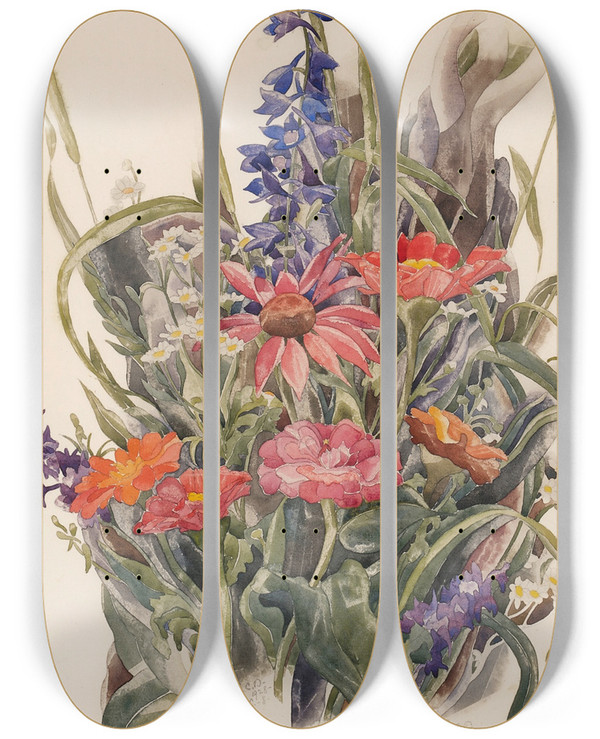 Triptych art skateboard deck of Charles Demuth Zinnias Larkspur And Daisies by Charles Demuth (1883-1935)