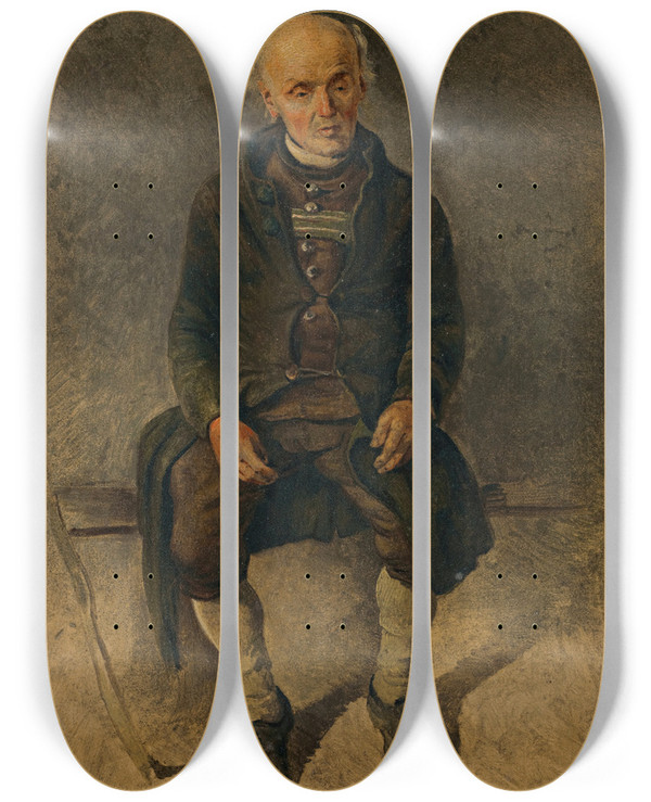 Triptych art skateboard deck of Friedrich August Matthias Gauermann Farmer Smoking A Pipe by Friedrich August Matthias Gauermann (1807-1862)