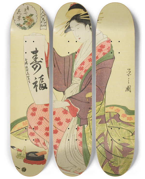 Triptych art skateboard deck of Chbunsai Eishi Hanamurasaki Of The Kadotamaya From The Series Six Flowery Immortals Of The Pleasure Quarters Seiro Bijin Rokkasen by Chobunsai Eishi (1756-1829)