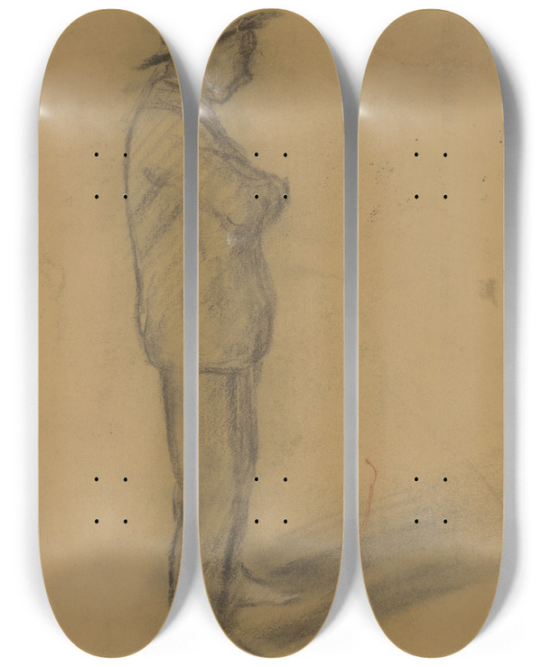 Triptych art skateboard deck of Ladislav Mednynszky Study Of A Standing Man In A Hat by Ladislav Mednyanszky (1852-1919)