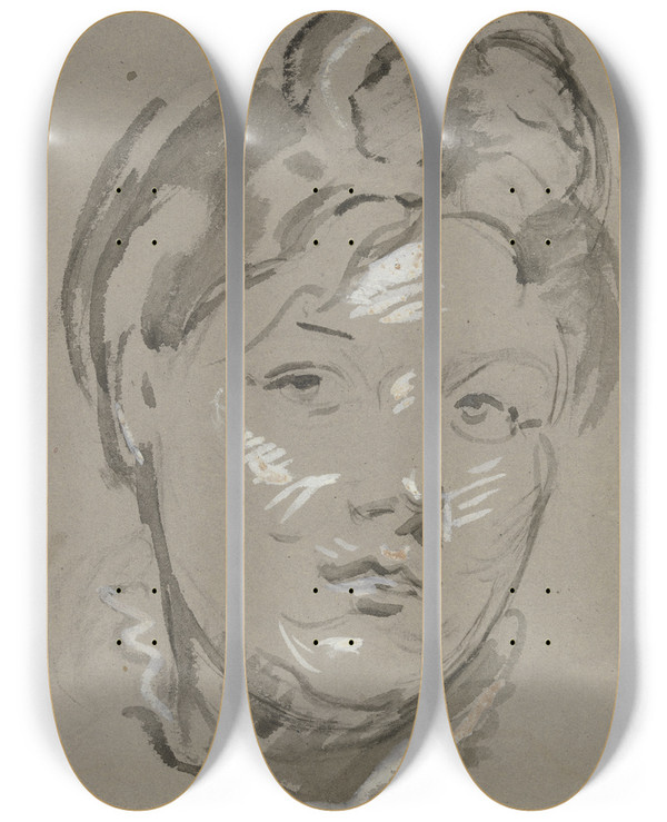 Triptych art skateboard deck of Philipp Rumpf Womans Head by Philipp Rumpf (1821-1896)