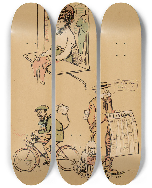 Triptych art skateboard deck of Georges Goursat Sem Location De Costumes De Bain Et De Peignoirs by Georges Goursat (Sem) (1863-1934)