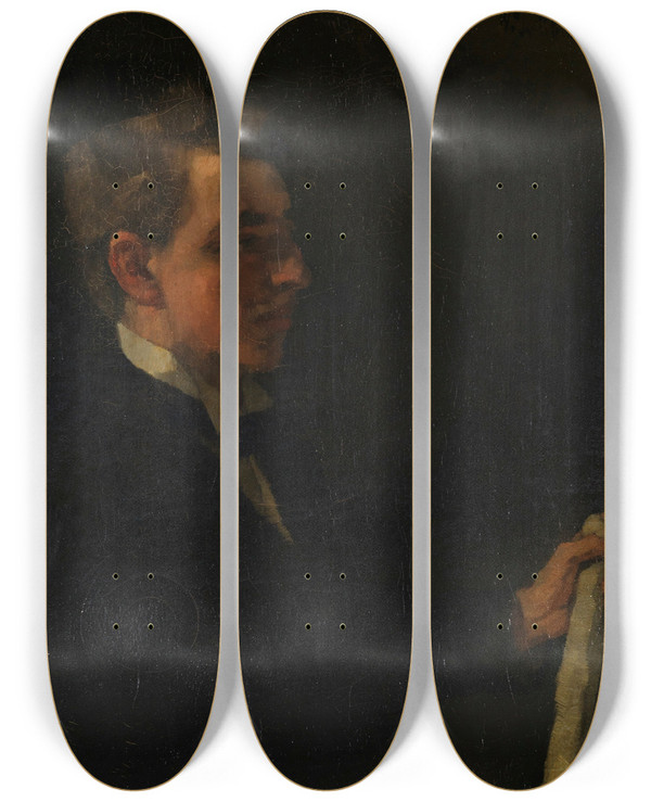 Triptych art skateboard deck of Wilhelm Trbner Studiosus Michaelis Mit Papierrolle by Wilhelm Trubner (1851-1917)