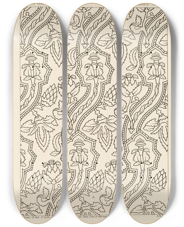 Triptych art skateboard deck of George Ashdown Audsley Outlines Of Ornament In The Leading Styles Pl32 by George Ashdown Audsley (1838-1925)