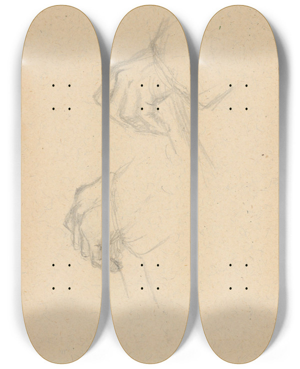Triptych art skateboard deck of Gustv Mall Study Of Hands Holding A Stick by Gustav Mally (1879-1952)