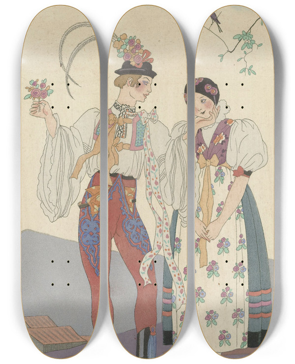 Triptych art skateboard deck of George Barbier Le Coq Du Village by George Barbier (1882-1932)