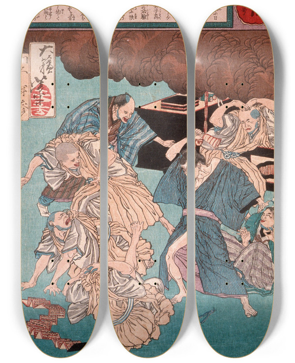 Triptych art skateboard deck of Tsukioka Yoshitoshi Man Driven Mad By Priests Hired To Pray For His Recovery by Tsukioka Yoshitoshi (1839-1892)