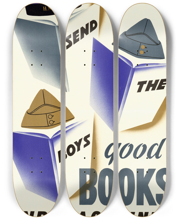 Triptych art skateboard deck of Clair Stewart Send The Boys Good Books And Magazines by Clair Stewart (20-)