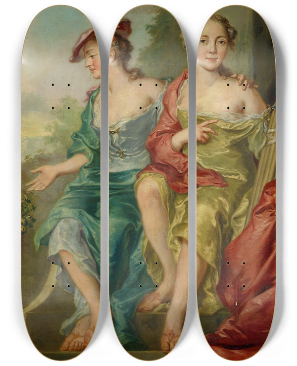 Triptych art skateboard deck of Johann Heinrich Keller Double Portrait Of Two Ladies As Sheperdess by Johann Heinrich Keller (1692-1765)