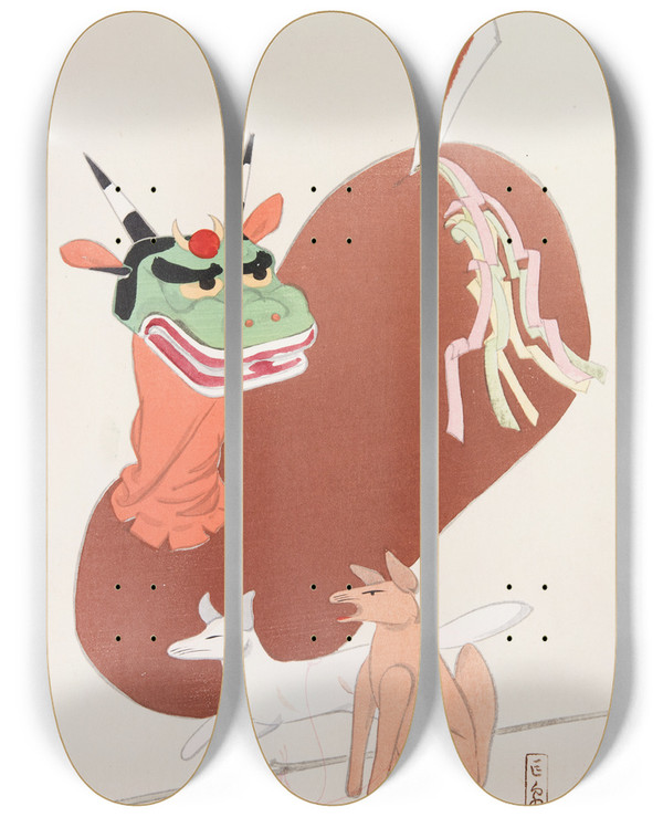 Triptych art skateboard deck of Kawasaki Kyosen Kyosens Collected Illustrations Of Japanese Toys Pl079 by Kawasaki Kyosen (1877-1942)