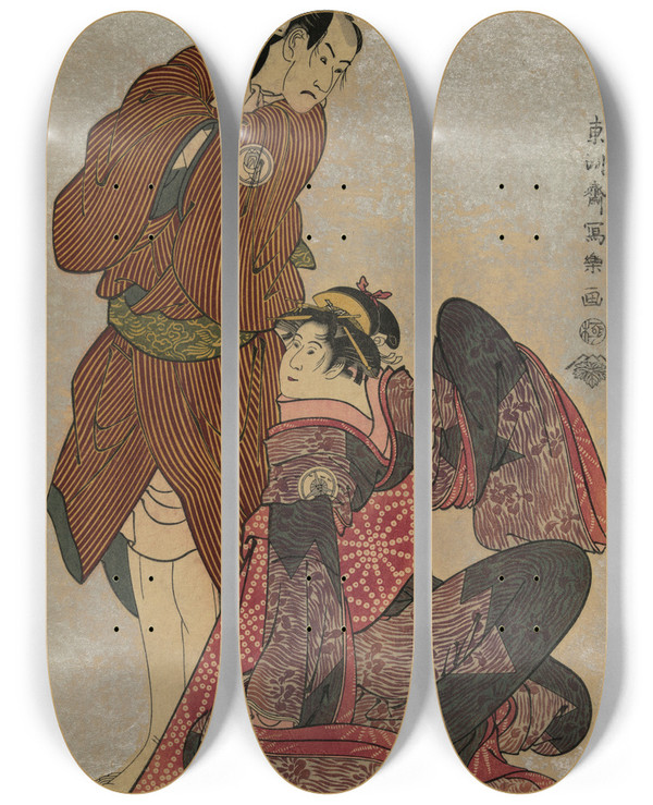 Triptych art skateboard deck of Tshsai Sharaku Sandiaime Band Hikosabur No Obiya Chmemon To Yodaime Iwai Hanshir No Shinanoya Ohan by Toshusai Sharaku (1794-1795)