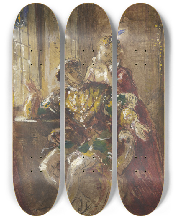 Triptych art skateboard deck of Jules Lunteschtz Sitzender Kavalier Mit Hinter Ihm Stehender Dame by Jules Lunteschutz (1822-1893)