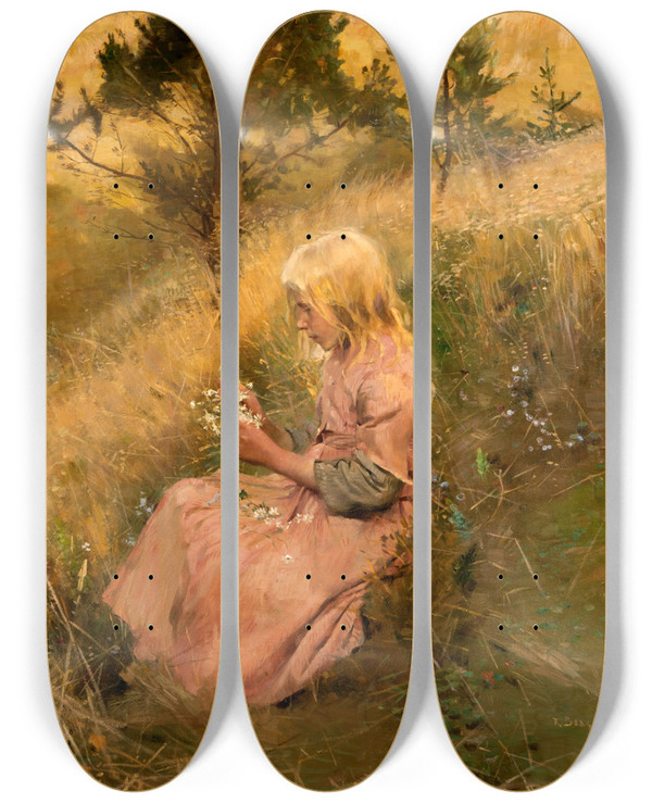 Triptych art skateboard deck of Richard Bergh Girl Picking Flowers by Richard Bergh (1858-1919)