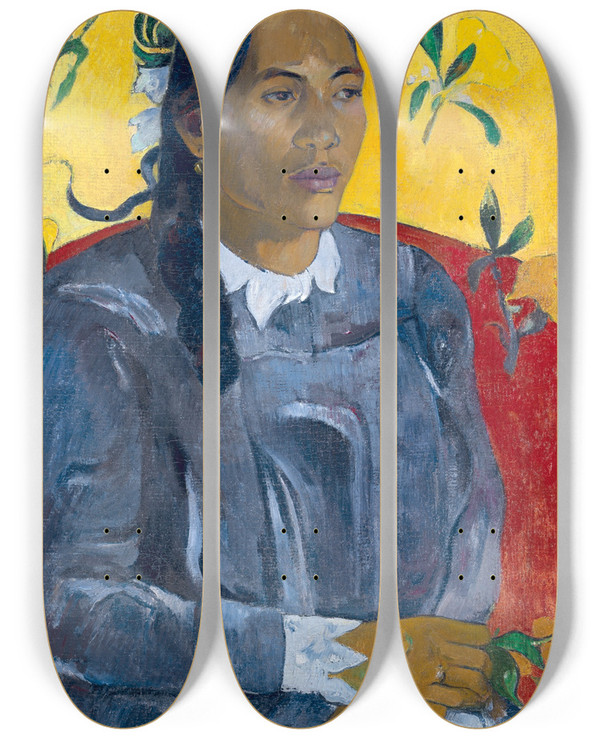 Triptych art skateboard deck of Paul Gauguin Tahitian Woman With A Flower by Paul Gauguin (1848-1903)