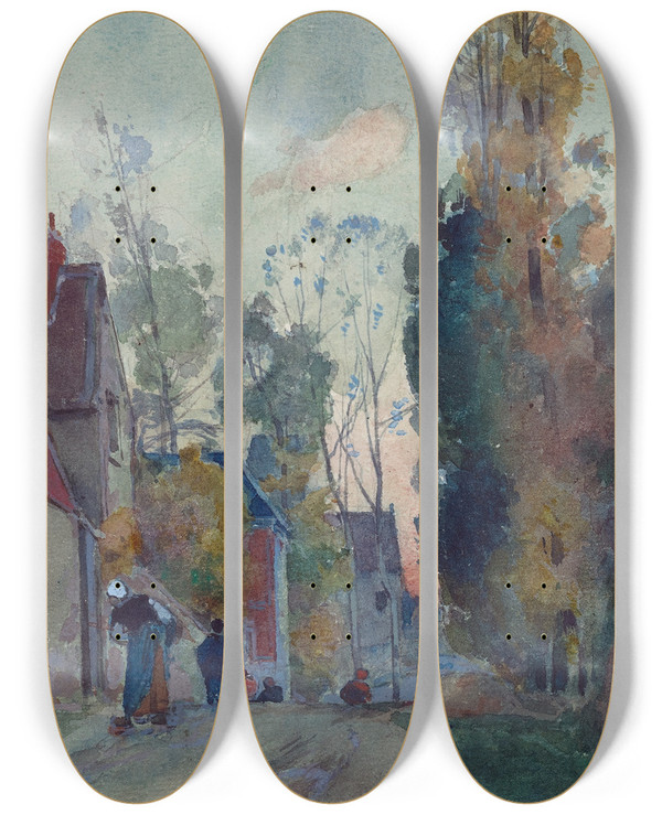 Triptych art skateboard deck of Auguste Louis Lepre Rue De Jouy Le Comte by Auguste Louis Lepere (1849-1918)