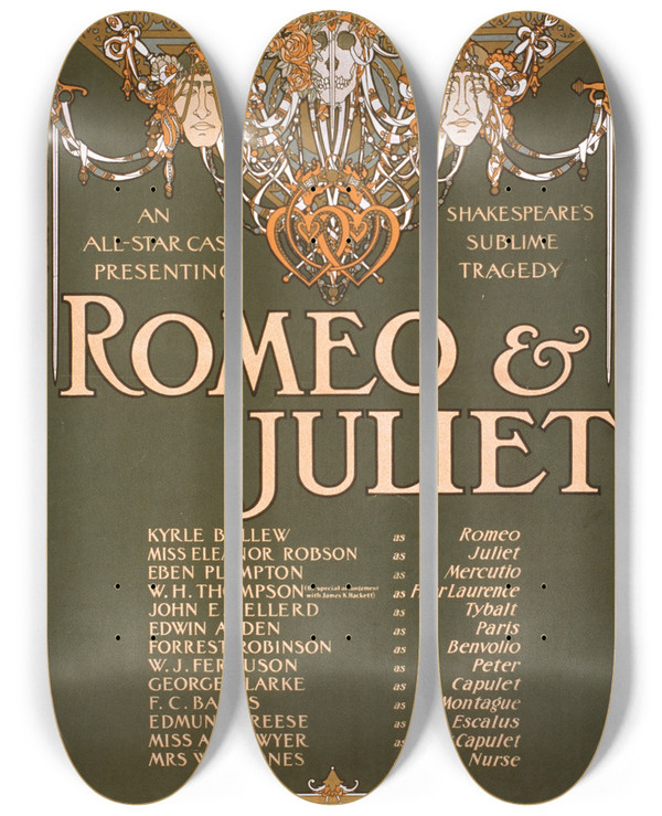 Triptych art skateboard deck of Strobridge And Co Romeo And Juliet by Strobridge and Co (1910-1954)
