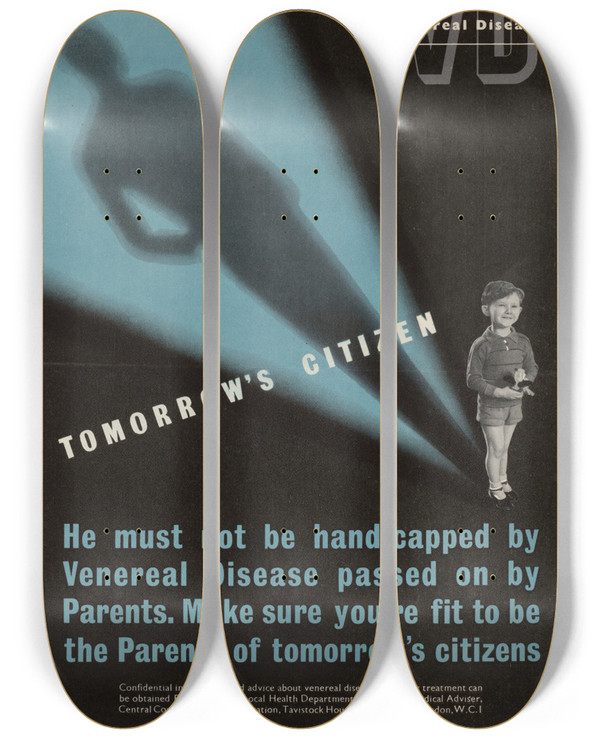 Triptych art skateboard deck of Reginald Mount  Venereal Diseases Tomorrows Citizen by Reginald Mount (1906-1979)