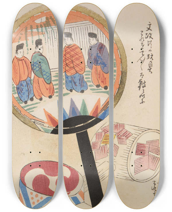 Triptych art skateboard deck of Shimizu Seif Unai No Tomo Pl 084 by Shimizu Seifu (1851-1913)