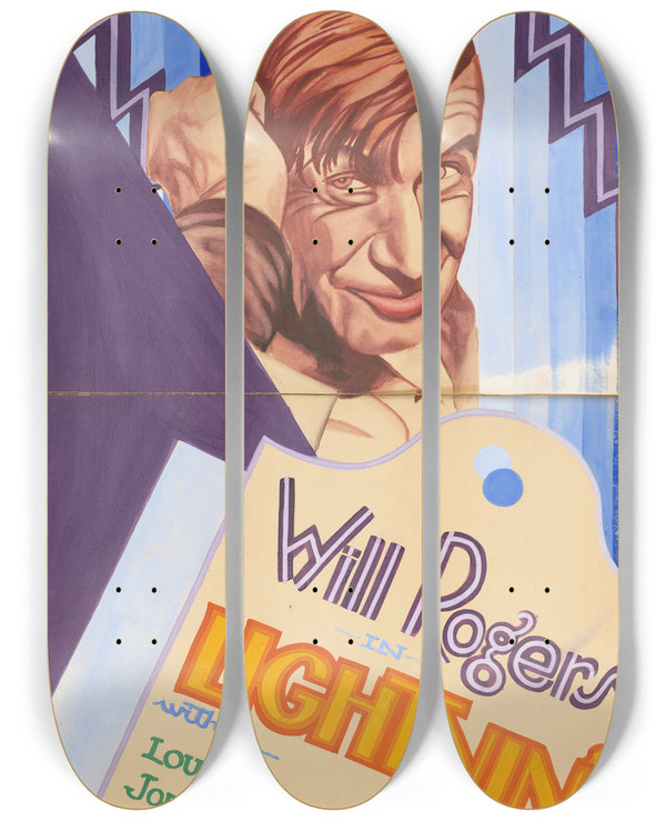 Triptych art skateboard deck of Louis Glackens Will Rogers by Louis Glackens (1866-1933)