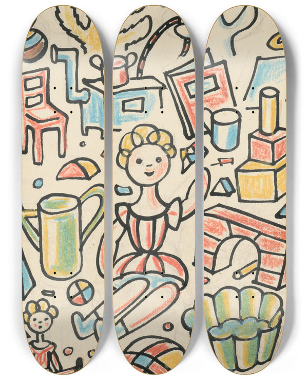 Triptych art skateboard deck of Josef Apek I Had A Dog And A Cat Pl 08 by Josef apek (1887-1945)