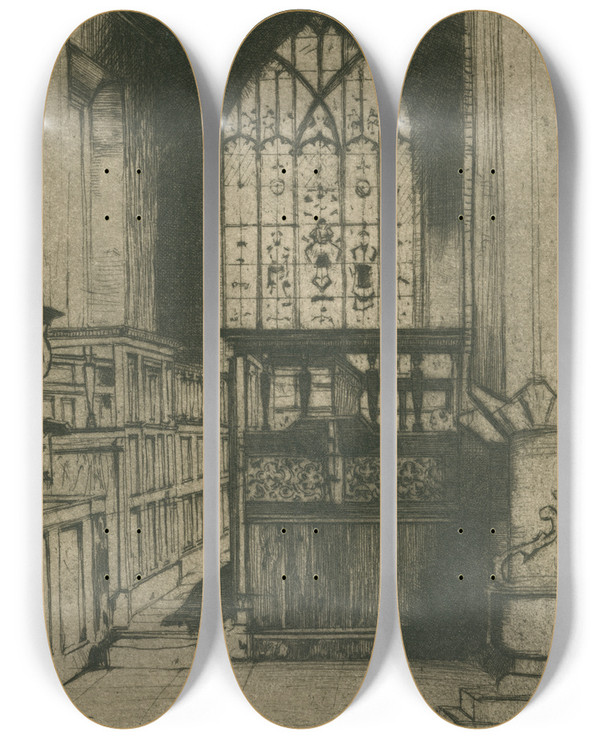 Triptych art skateboard deck of David Young Cameron The Chapel Haddon Hall by David Young Cameron (1865-1945)