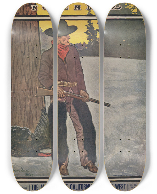 Triptych art skateboard deck of Maynard Dixon Sunset Magazine Thanksgiving Number November by Maynard Dixon (1875-1946)
