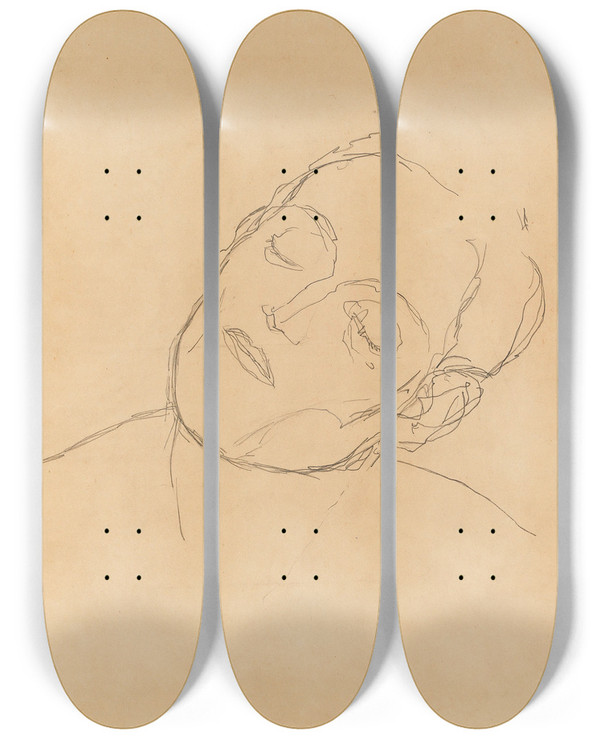 Triptych art skateboard deck of Gustav Klimt Male Head Turned To The Right With Closed Eyes by Gustav Klimt (1862-1918)