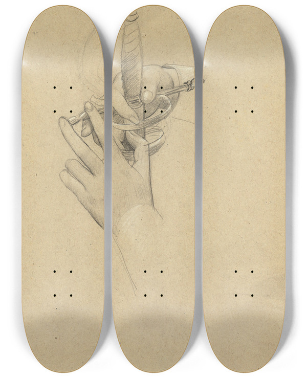 Triptych art skateboard deck of Gustav Klimt Handstudie Um Einen Sbelgriff by Gustav Klimt (1862-1918)