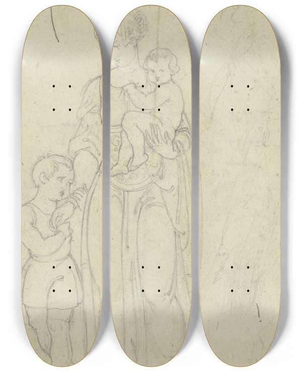 Triptych art skateboard deck of Eugen Eduard Schffer Frau Im Renaissancehabit Mit Einem Kind Auf Dem Arm Und Einem Jungen Zu Ihrer Rechten by Eugen Eduard Schaffer (1802-1871)