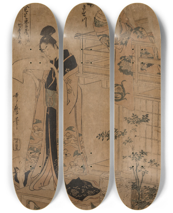 Triptych art skateboard deck of Kitagawa Utamaro No Title_1 by Kitagawa Utamaro (1753-1806)