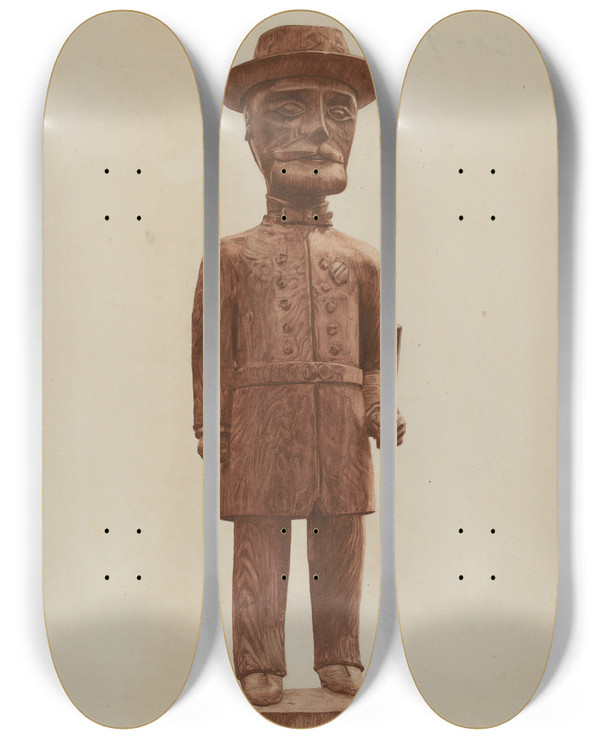 Triptych art skateboard deck of Mildred E Bent Carved Policeman by Mildred E Bent
