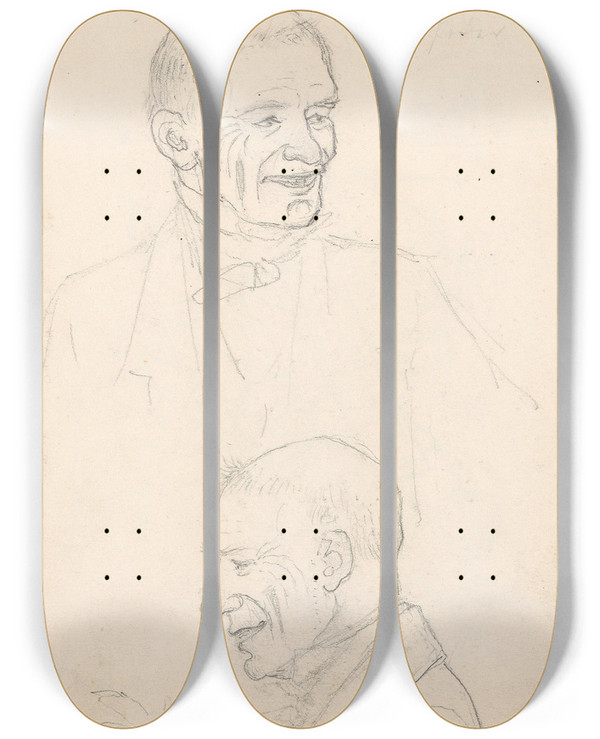 Triptych art skateboard deck of Adolph Tidemand Portrait Studies Of A Man by Adolph Tidemand (1814-1876)