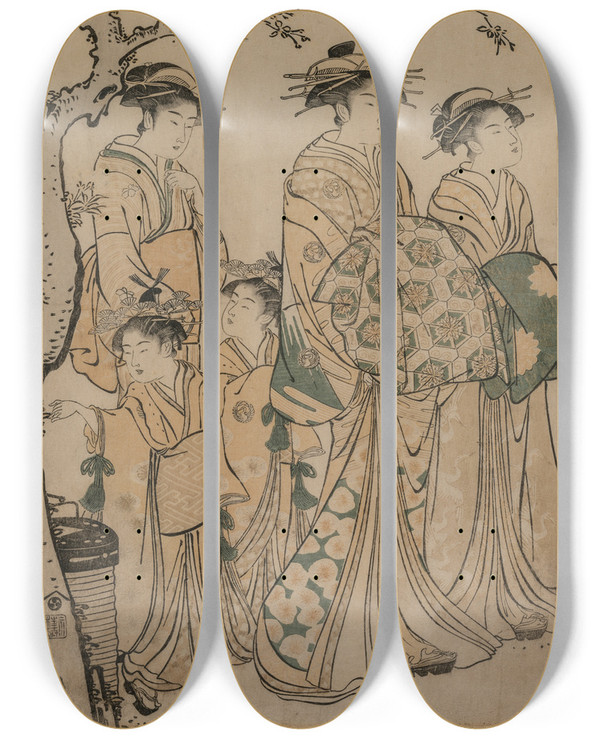 Triptych art skateboard deck of Torii Kiyonaga The Courtesan Senzan Of Chojiya Strolling With Her Kamuro Yasono And Yasoji And Two Shinzo by Torii Kiyonaga (1752-1815)