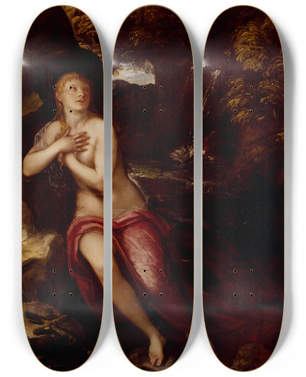 Triptych art skateboard deck of Jacopo Tintoretto The Magdalene In The Wilderness by Jacopo Tintoretto (1518-1594)