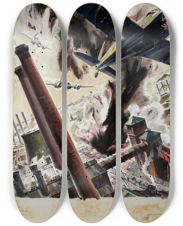 Triptych art skateboard deck of James Gardner Bombing Scene by James Gardner (1907-1995)