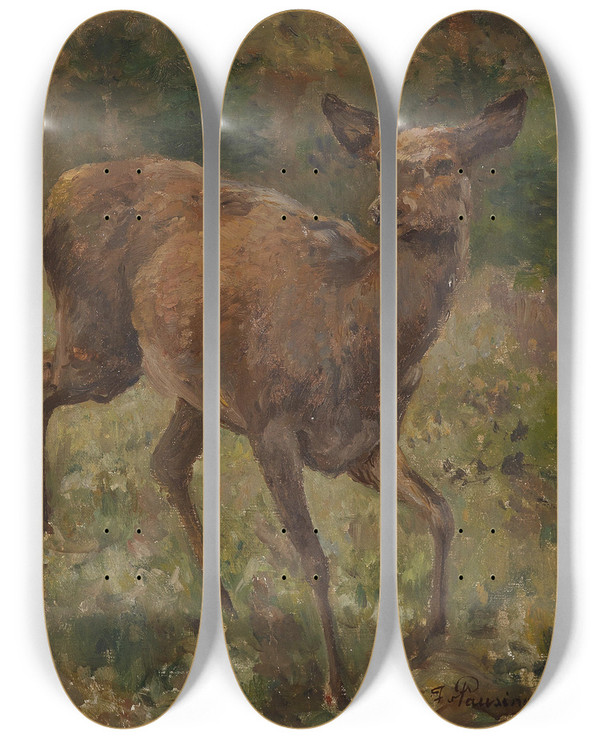 Triptych art skateboard deck of Franz Xaver Von Pausinger Rotwild by Franz Xaver von Pausinger (1839-1915)