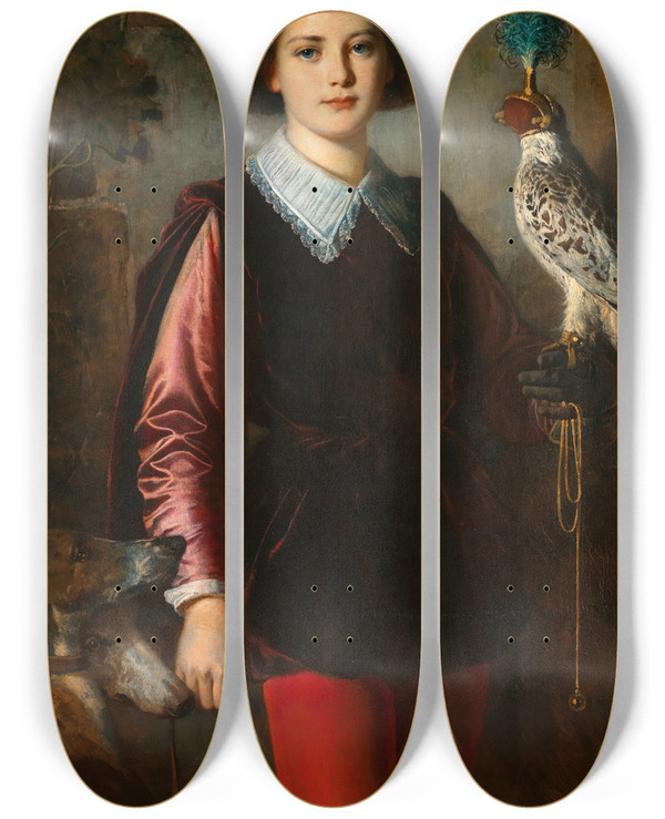 Triptych art skateboard deck of Eugen Felix A Young Falconer by Eugen Felix (1837-1906)
