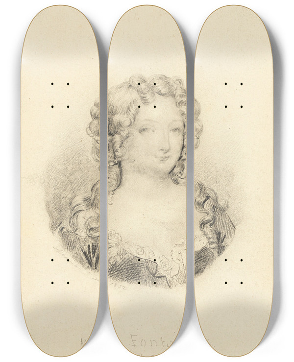 Triptych art skateboard deck of Eugne Devria Medallion Portrait Of Mlle De Fontanges by Eugene Deveria (1805-1865)