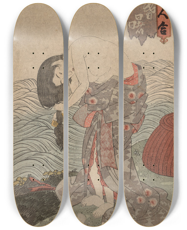 Triptych art skateboard deck of Utagawa Kunisada Toyokuni Iii Woman Diver Combing Her Hair by Utagawa Kunisada (Toyokuni III) (1786-1865)