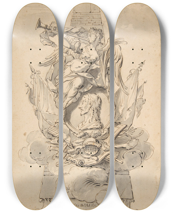 Triptych art skateboard deck of Gillesmarie Oppenord Design For A Monument To A Military Leader by Gilles Marie Oppenord (1672-1742)
