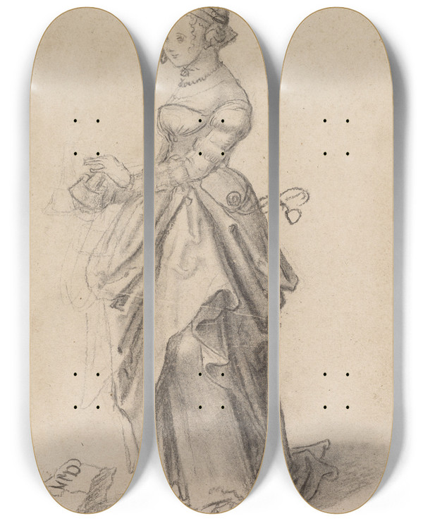 Triptych art skateboard deck of Niklaus Manuel Studie Zu Einer Trichten Jungfrau_1 by Niklaus Manuel (1484-1530)