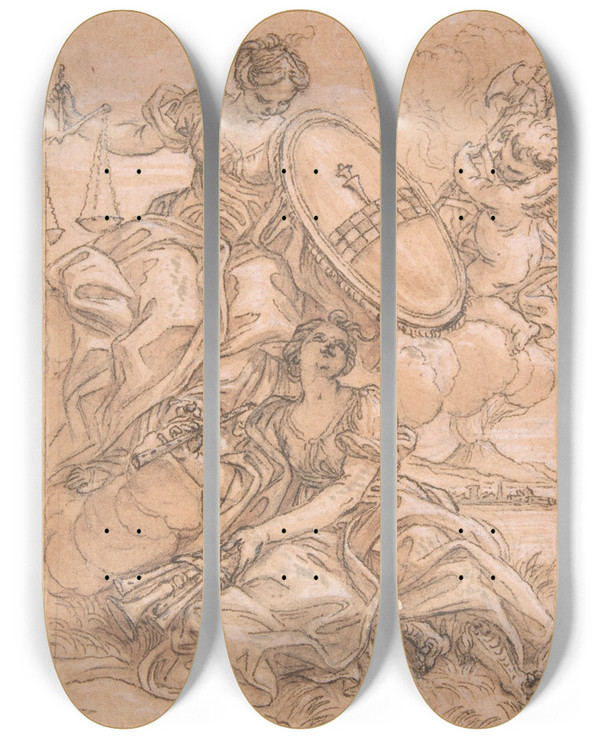 Triptych art skateboard deck of Giovanni Battista Gaulli Allegorical Composition Music And Justice With The Spinola Arms by Giovanni Battista Gaulli (1639-1709)