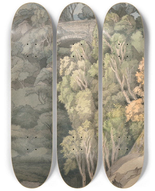 Triptych art skateboard deck of Francis Towne Devils Bridge by Francis Towne (1739-1816)