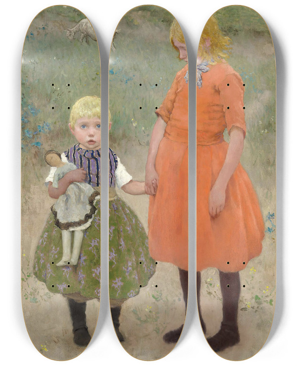 Triptych art skateboard deck of Gari Melchers The Sisters by Gari Melchers (1860-1932)