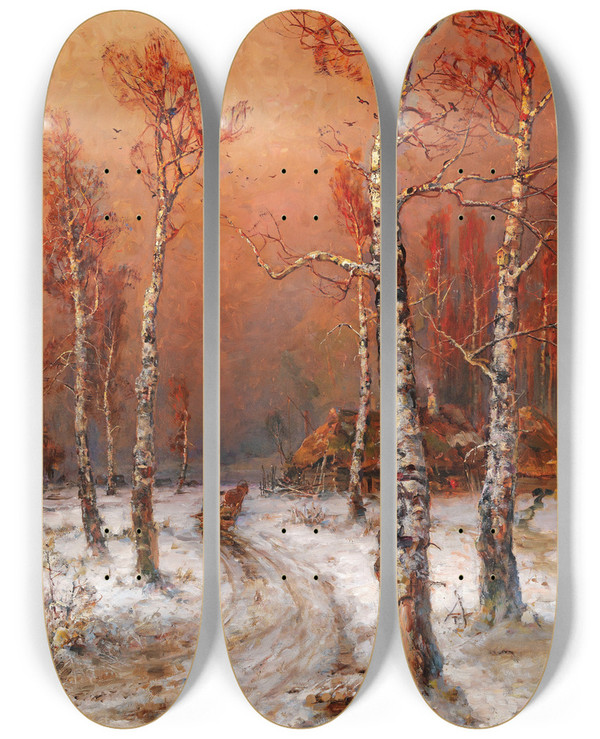 Triptych art skateboard deck of Julius Sergius Klever Winterstimmung Mit Saatkrhen by Julius Sergius Klever (1850-1924)