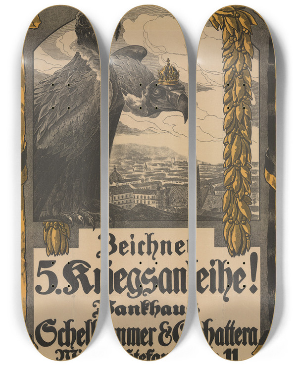 Triptych art skateboard deck of Herbert Rendl Zeichnet 5 Kriegsanleihe by Herbert Rendl (1905-1945)