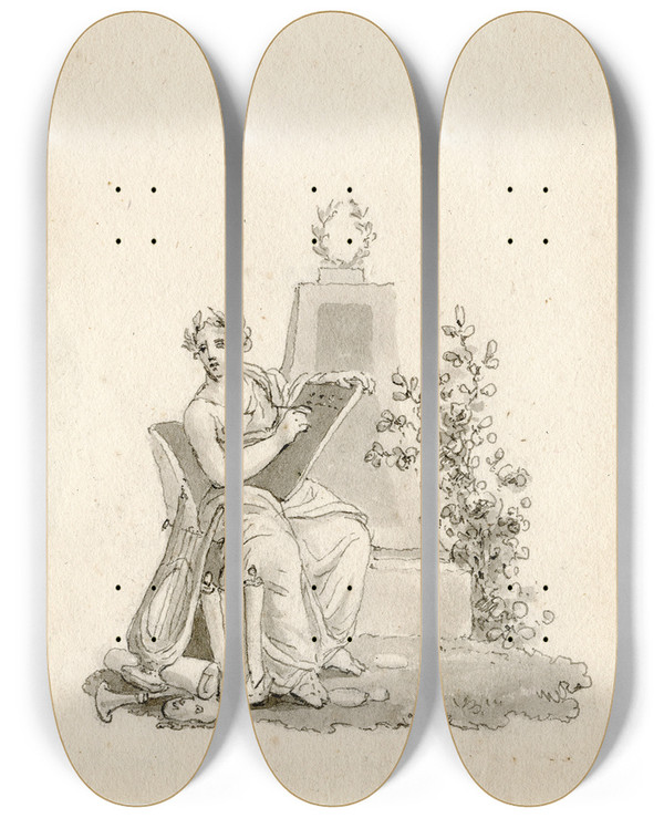 Triptych art skateboard deck of Reinier Vinkeles Titelblad Gelauwerde Schrijvende Vrouw Met Attributen by Reinier Vinkeles (1741-1816)