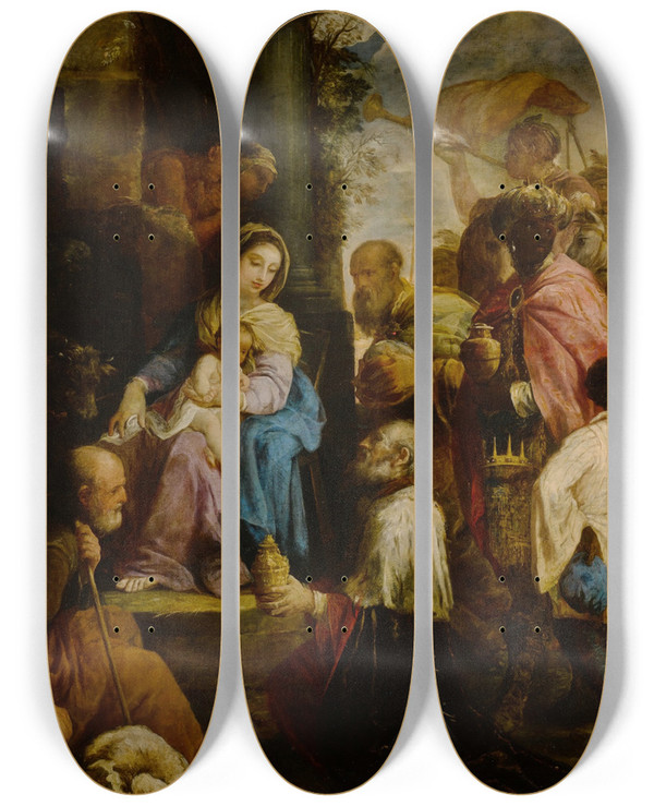 Triptych art skateboard deck of Giovanni Antonio Burrini Adoration Of The Magi by Giovanni Antonio Burrini (1656-1727)