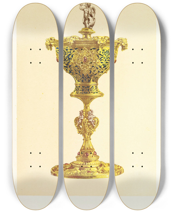 Triptych art skateboard deck of John Charles Robinson Vase Or Hanap With Cover In Silver Gilt Enamelled And Set With Jewels by John Charles Robinson (1824-1913)